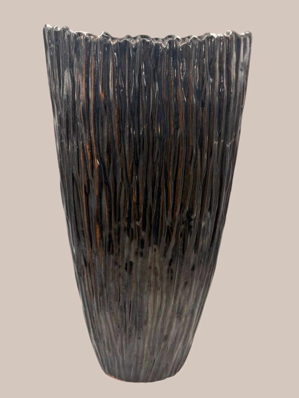 Tall Ceramic Vase Metallic Charcoal Bronze Ribbed Texture Wavy Rim Modern Decor